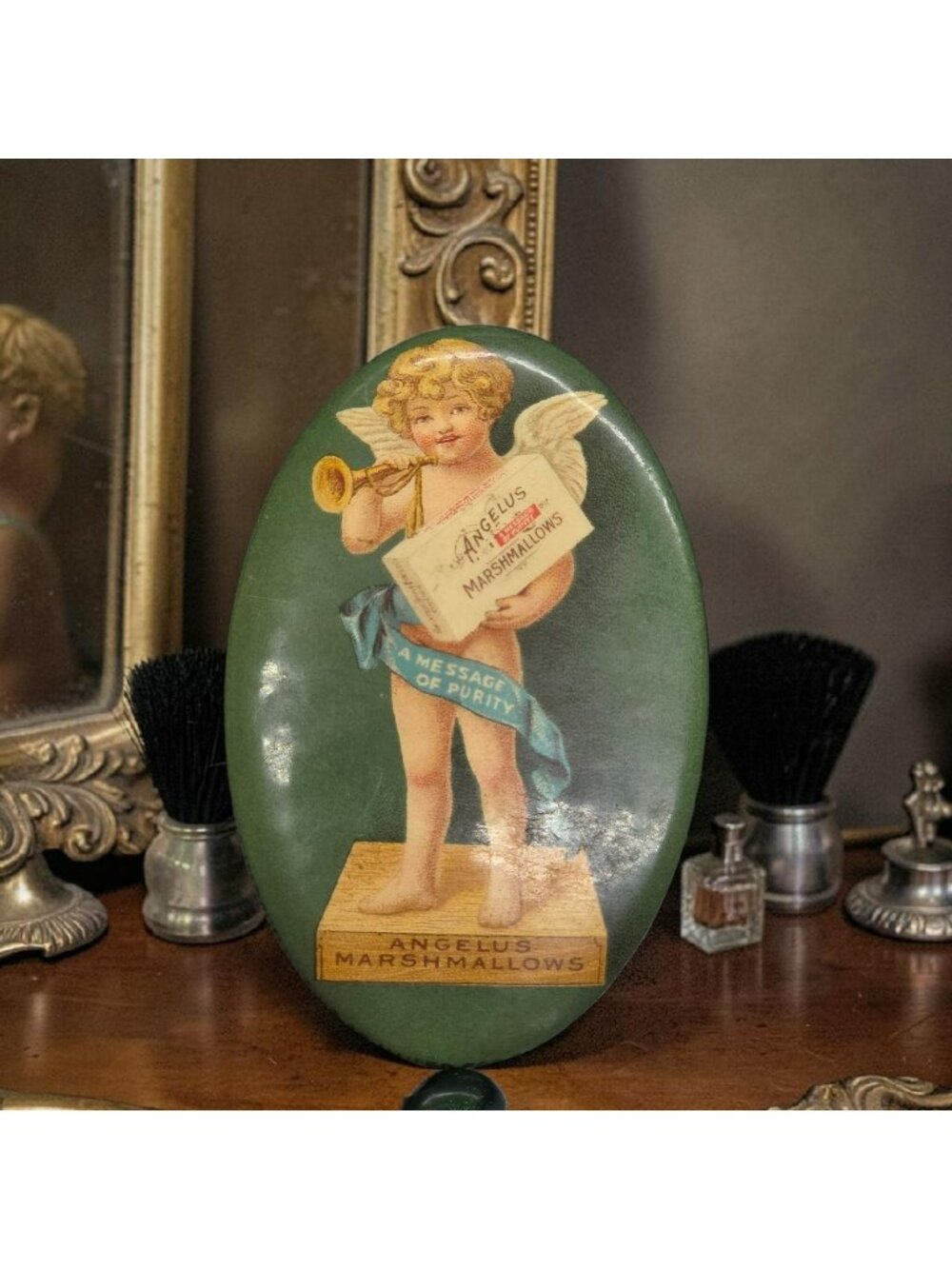 Antique Angelus Marshmallows Oval Advertising Hand Mirror Cherub Design
